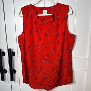 Cabi Red Floral Sleeveless Ruffle Neck Blouse, Size L — Lightweight V-Neck Top